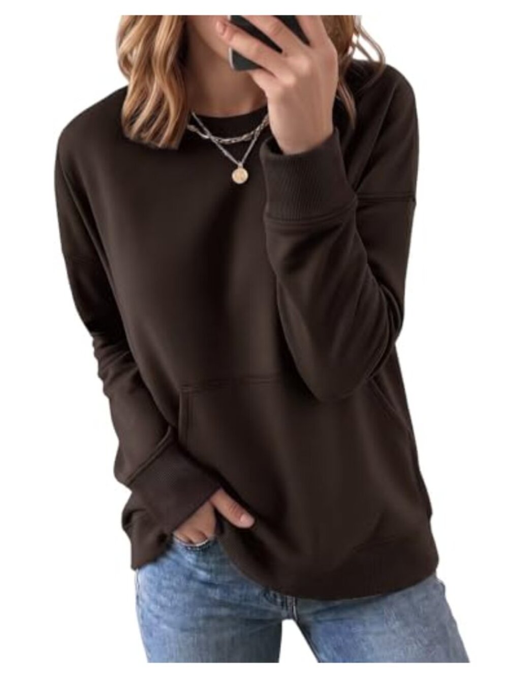 Women's Fleece Pullover Sweatshirt Long Sleeve Loose Fit Pocket
